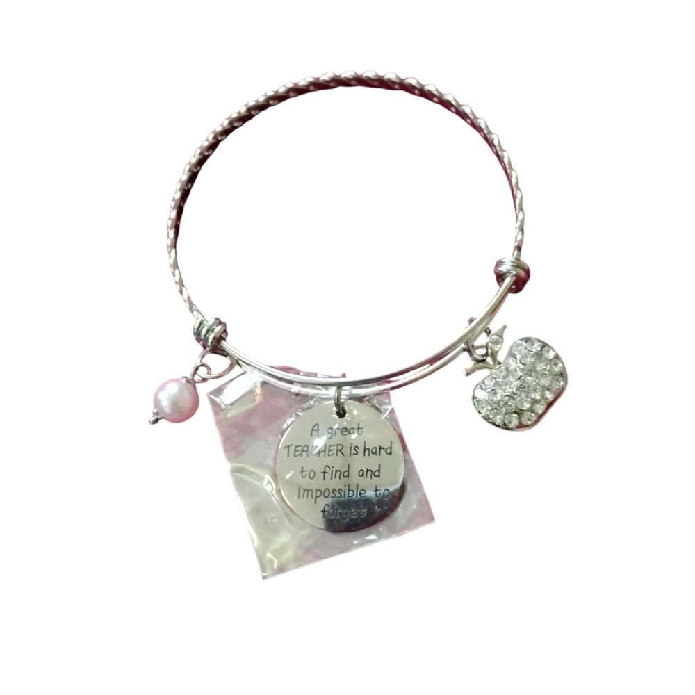 Teacher Appreciation Bangle Bracelet Silver Tone Apple Pearl Quote Charm Gift